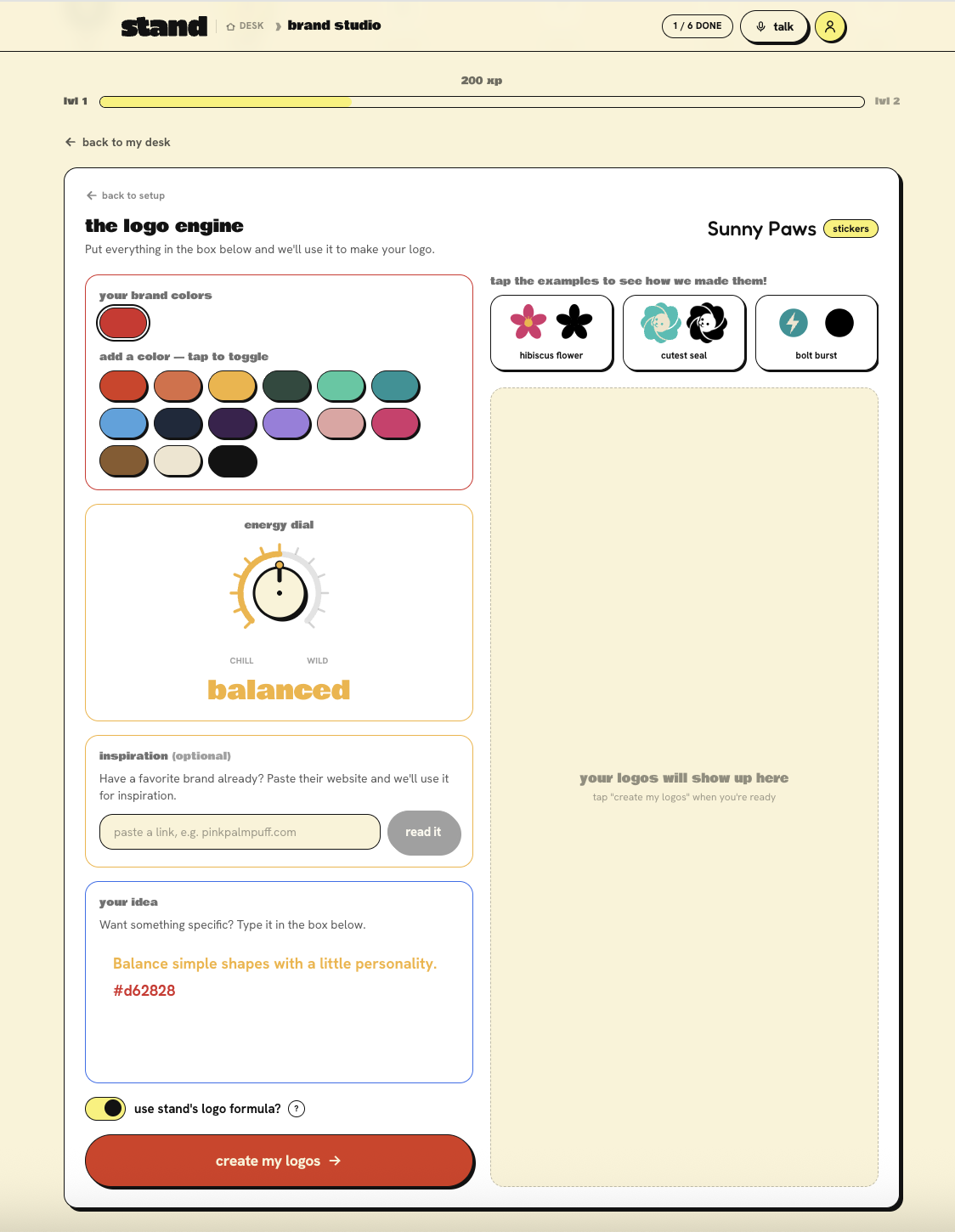 Original Logo Studio: colors, dial, inspiration, idea and results all on one page